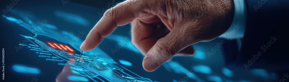 Poster futuristic touchscreen interaction with a hand of an executive in a modern digital environment