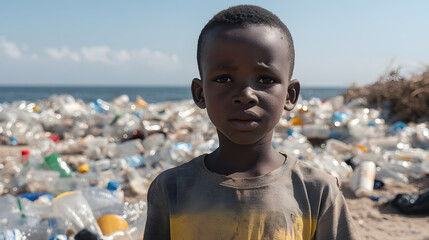 A young boy standing in front of a beach covered in plastic waste. Environmental concerns and pollution impact future generations. Act now!