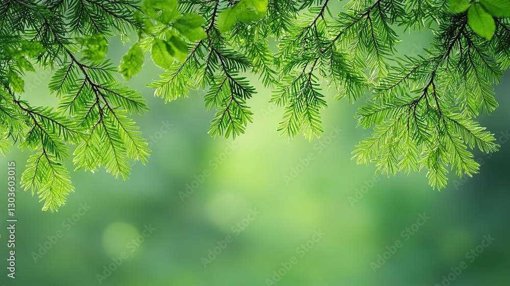 Aufkleber a sharp image of a tree branch with vibrant green foliage in the foreground and a soft, hazy backgro
