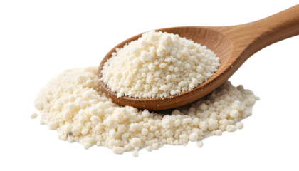 A wooden spoon filled with organic coconut flour, showcasing its natural texture and fine grain, isolated on a white background with clean clipping, side view, ideal for health, baking, and organic fo