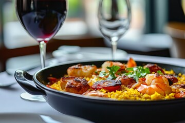 Delicious Seafood Paella Dish Gourmet Food Restaurant Mediterranean Cuisine Yellow Rice Saffron Shrimp Scallops Elegant Dinner Romantic Setting Fine  