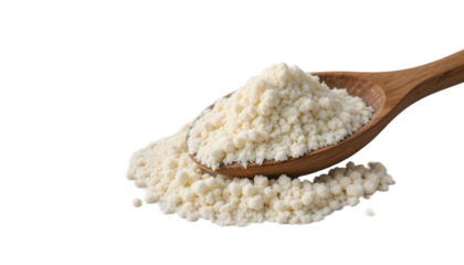 A wooden spoon filled with organic coconut flour, showcasing its natural texture and fine grain, isolated on a white background with clean clipping, side view, ideal for health, baking, and organic fo