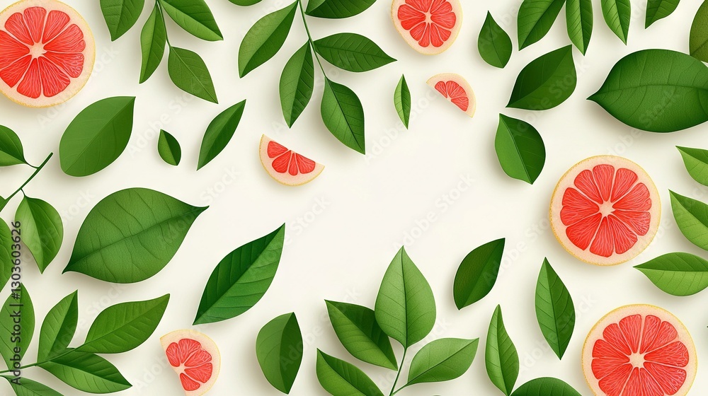 Poster a collection of grapefruit slices surrounded by foliage and floral elements against a pristine backd