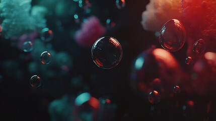 Abstract image of translucent bubbles with red and green reflections floating in darkness