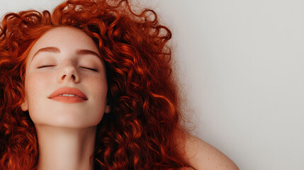 Fototapeta premium Woman with auburn curls and freckles, eyes closed, resting. Expressing serenity and beauty. Close-up shot.