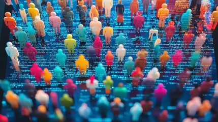 Colorful figures on digital grid symbolize diverse customer insights and personalized marketing.