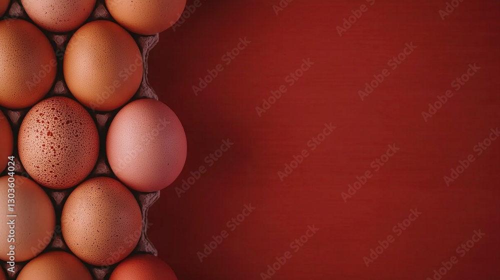 Poster eggs in rows on red surface against red wall