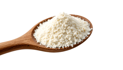 A rustic wooden spoon holding a heap of organic coconut flour, highlighting its purity and natural appeal, isolated on a white background with precise clipping, side view, perfect for wellness and eco