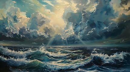 A stormy ocean scene with crashing waves, dramatic clouds, and a beam of sunlight breaking through.

