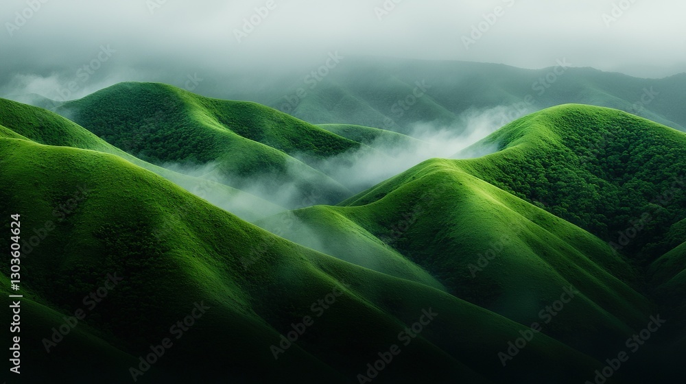 Aufkleber a green mountain range in foggy weather with low-lying clouds in the foreground is seen from a uniqu