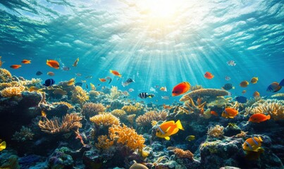 Fototapeta premium Vibrant Underwater Scene with Colorful Fish and Coral Reef in Tropical Ocean Highlighted by Sunlight Rays Streaming Through Water Surface