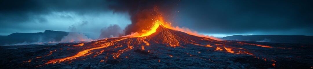 Fototapeta premium Powerful volcanic eruption with glowing lava and smoke clouds. Generative AI