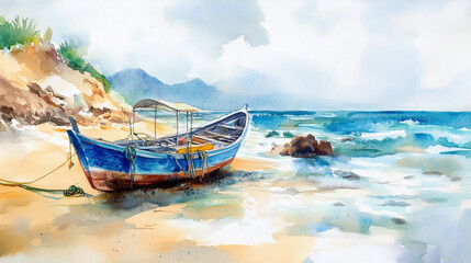 Obraz premium Watercolor Fantasy Illustration – Boat on the Shore, Ocean Art, Dreamy Beach Scene, Storybook & Children's Book Illustration