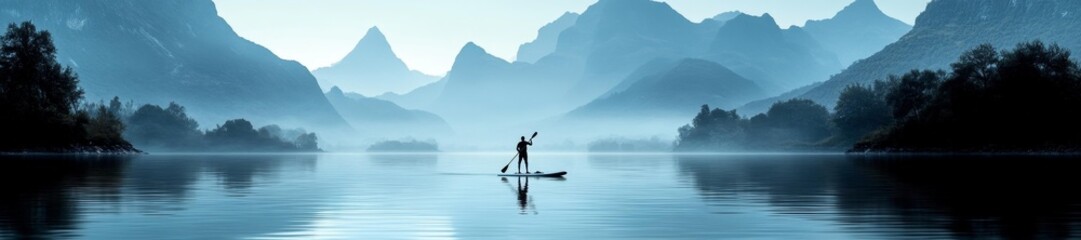 Fototapeta premium Peaceful paddleboarder on calm river surrounded by mountains and mist. Generative AI