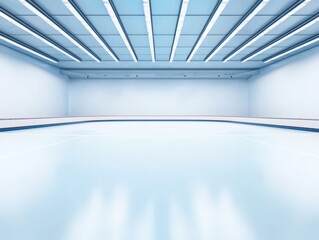 Empty Ice Skating Rink Inside a Winter Stadium with Bright Overhead Lighting and White Walls