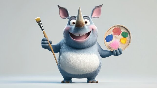 Rhino artist holds palette and brush against plain background, smiling happily, eager to start - Powered by Adobe