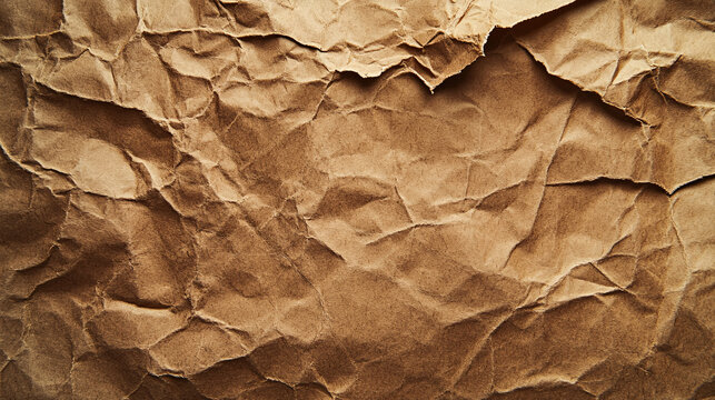 A close-up view of crumpled brown paper showing detailed wrinkles creases and texture ideal for backgrounds packaging and artistic designs
