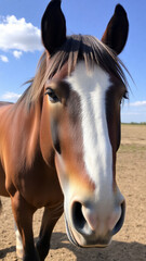Obraz premium Horse close up,Brown hourse,beautiful brown horse eats hay,Head shot portrait close up of a beautiful saddle horse at summer paddock