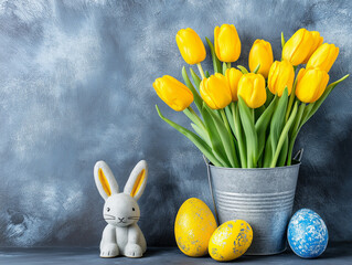Easter Scene, A Stuffed Easter Bunny with yellow tulips and Easter Eggs with blank space
