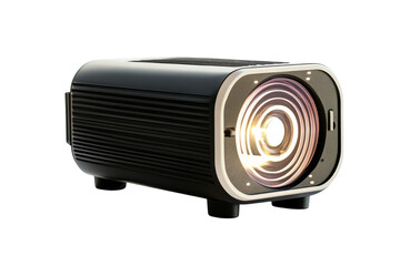 Fototapeta premium A sleek, modern projector illuminating a blank white screen in a cozy home entertainment setup isolated on transparent background