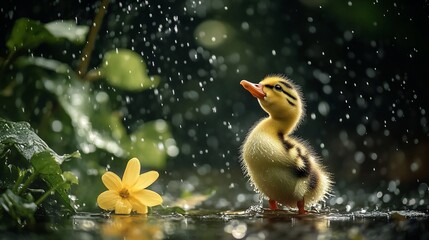 A duckling stands in the rain near a flower, evoking nature's beauty.