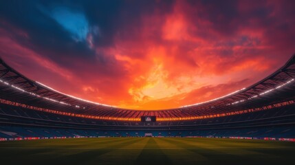 Fototapeta premium Breathtaking Sunset Over Massive Football Stadium Surrounded by Chaos and Excitement