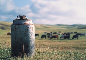 Obraz premium Vintage Milk Can in Tranquil Pastoral Landscape Surrounded by Grazing Cows Under a Bright Sky with Rolling Green Hills in the Background