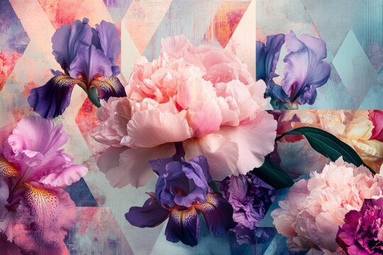 Floral arrangement featuring oversized pink peony blooms and purple iris flowers against an abstract geometric background