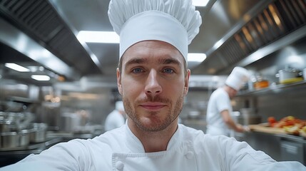 Serious chef in traditional white uniform and hat in commercial kitchen, for restaurant branding, food industry blogs, marketing, culinary school marketing, restaurant staff recruitment,
