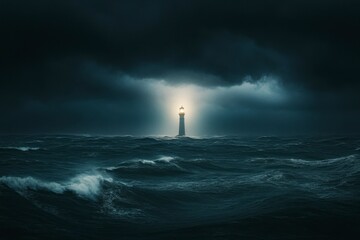 Lighthouse Illuminating a Stormy Sea Under a Dramatic Cloudy Sky - Beacon of Hope