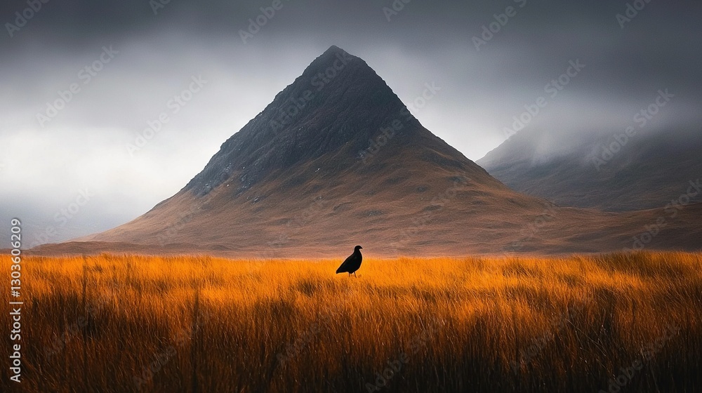 Poster a bird standing in the middle of a field with a tall mountain behind it