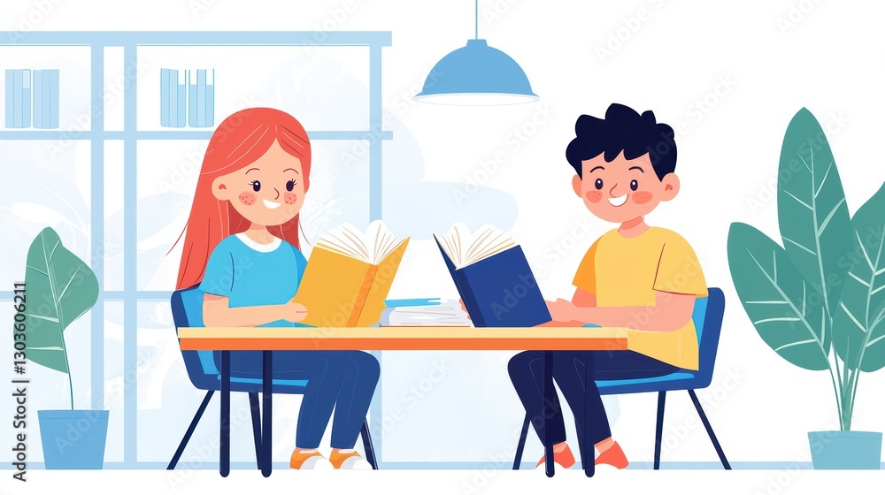 Poster engaging students in modern library setting with books and reading activities