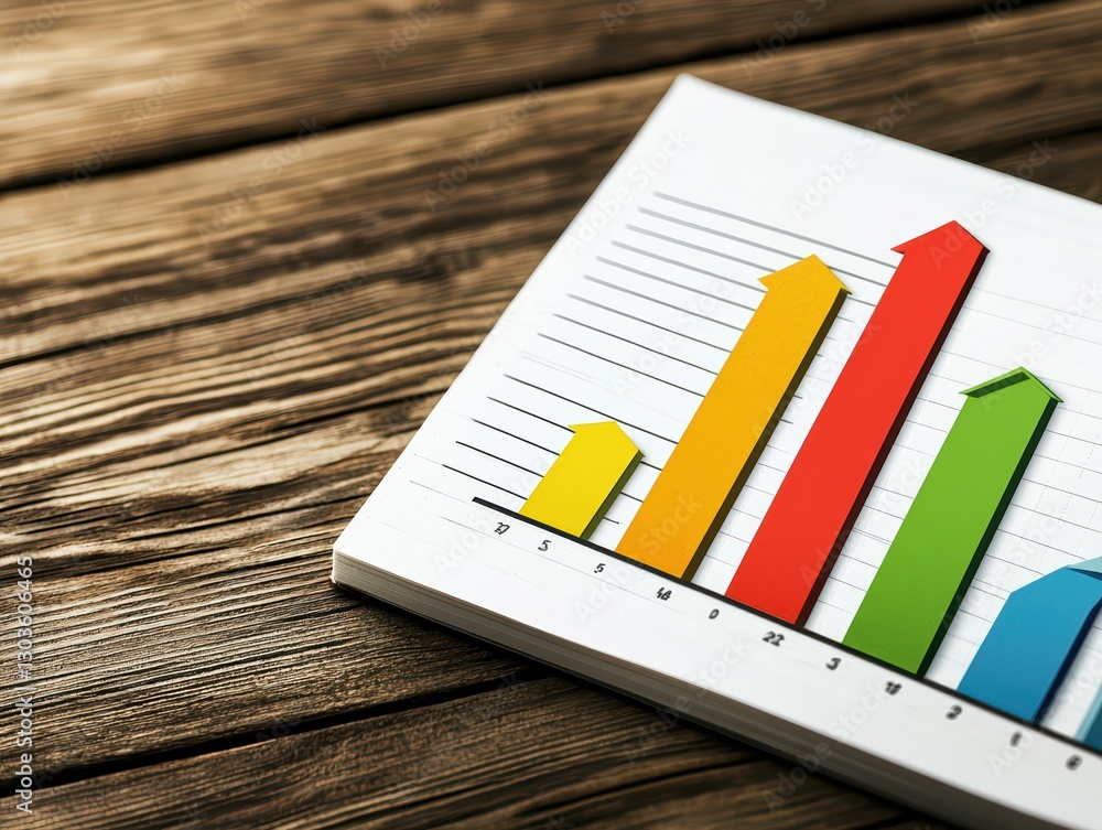 Poster business strategy notes on notebook with colorful graphs and charts on wooden table surface