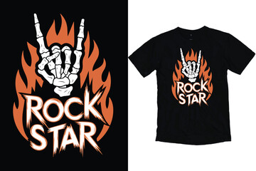 Rock Star T-Shirt, Skeleton Hand Metal Sign with Flames, Cool Music Band Tee vector art illustration.