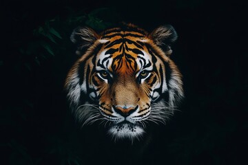Fototapeta premium Majestic Bengal Tiger Portrait Dark Background Powerful Wildcat Intense Gaze Wildlife Photography Nature Image Animal Closeup Predatory Orange Stripes