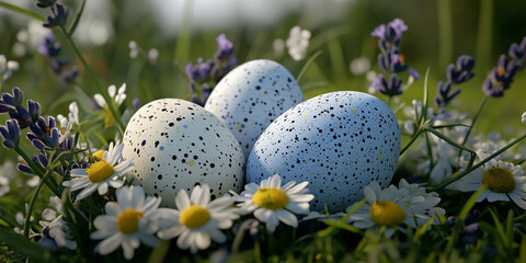 Fototapeta premium Speckled eggs nestled among wildflowers like daisies and lavender.
