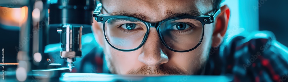 Poster physicist analyzing quantum equations in a high-tech laboratory environment