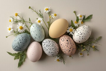 Fototapeta premium Collection of eggs arranged with sprigs of chamomile and green leaves. Natural Easter composition.