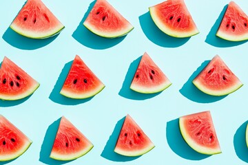 watermelon slice pattern on a turquoise background, top view.
