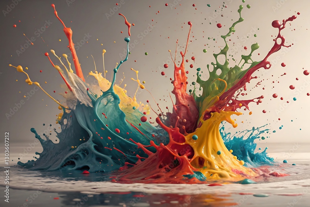 Poster dynamic colorful paint splash explosion in vibrant rainbow shades creating bold and artistic fluid m
