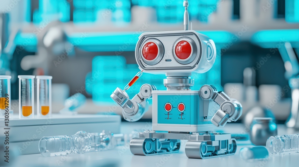 Poster robot conducting experiments in a high-tech laboratory environment with colorful equipment