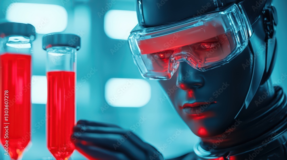 Poster robot conducting experiments in a high-tech laboratory setting with colorful liquid samples