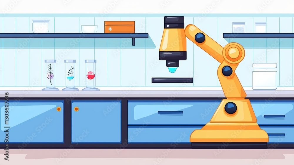 Poster robot conducting experiments in a modern high-tech laboratory environment