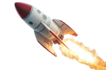 A dynamic rocket soaring into the blue sky, leaving a trail of fiery propulsion behind it isolated on transparent background