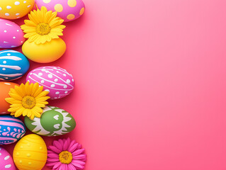 Painted Easter Eggs and Yellow Flowers on Pink Background – Festive Spring Flat Lay