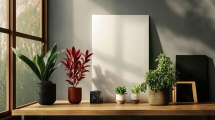 Interior design with potted plants, blank canvas and picture frames on wooden table top