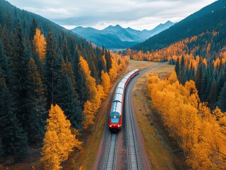 Scenic Train Journey Through Autumn Valley with Majestic Mountains in Background