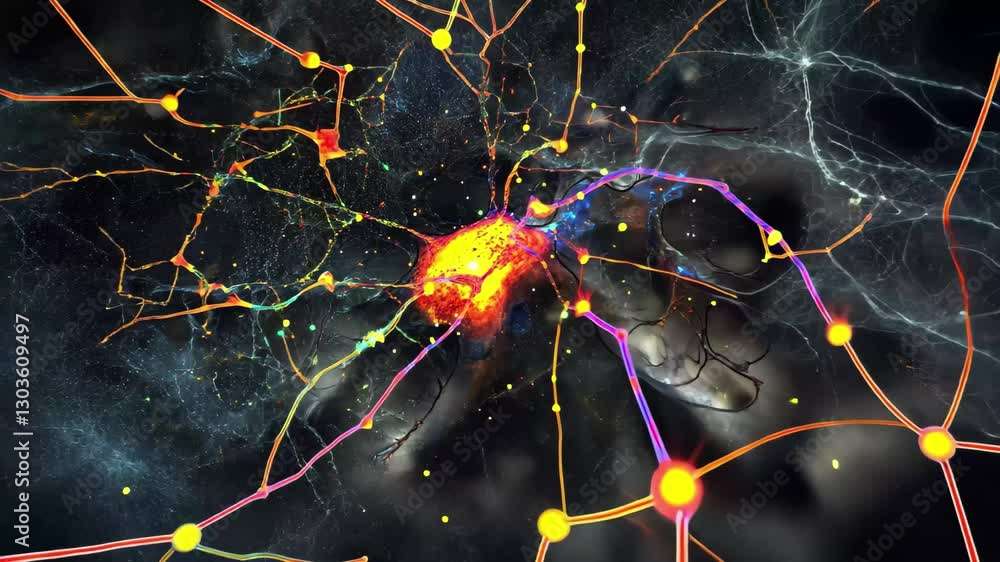 Poster exploring the intricate connections of neurons in the human brain at a microscopic level, a close-up