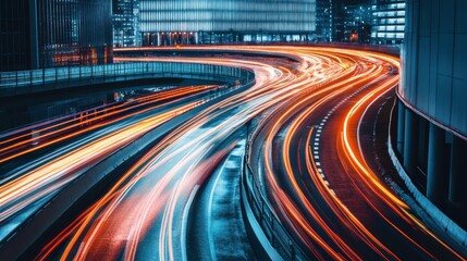 Light trails blur from traffic at night in a futuristic cityscape background