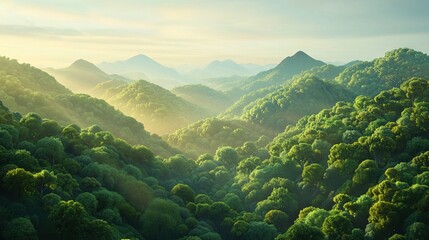 Fototapeta premium A mountain range with trees in the foreground and sunlight shining through the clouds in the background